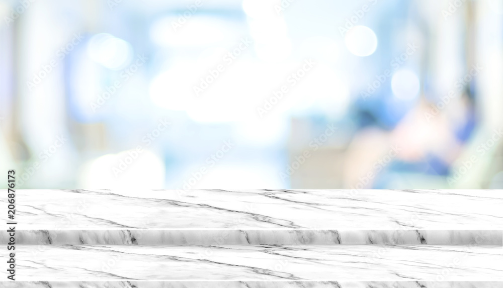 Poster empty step white marble table top with blur patient waiting for doctor at hospital with bokeh light 