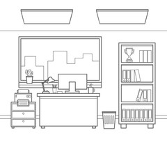 Office workspace vector line illustration for web design