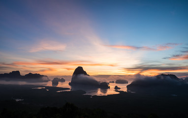 Naklejka na ściany i meble Panorama view of sea and mountain in sun rise morning golden hour time,Nature scene,Khao Samed Nang Chee Viewpoint,Phang Nga,Thailand