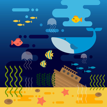 Underwater sea life vector flat illustration