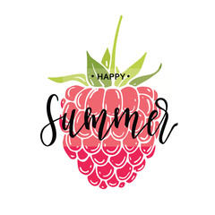 Happy Summer inscription on the background of raspberries. Vector illustration. Hand drawn