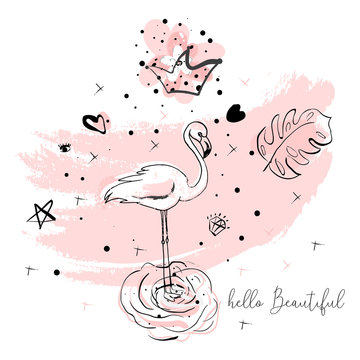 Tropical hand drawn flamingo illustration design in pastel pink with trendy hipster decoration elements. Modern print for wedding, invitations, greeting card, header, Valentine s day, anniversary, web