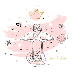Tropical hand drawn flamingo illustration design in pastel pink with trendy hipster decoration elements. Modern print for wedding, invitations, greeting card, header, Valentine s day, anniversary, web