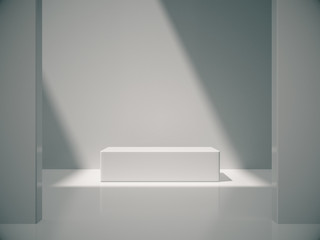 White pedestal for display,Platform for design,Blank product,White room and lateral lights.3D rendering.
