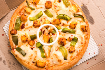 Paneer Pizza is an indian version of Italian dish topped with Cottage Cheese, served in a plate with white sauce. selective focus