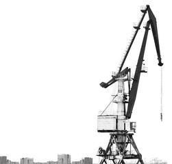 Fototapeta na wymiar Two old port crane isolated on white background. Construction site. Contrasting black-and-white photograph