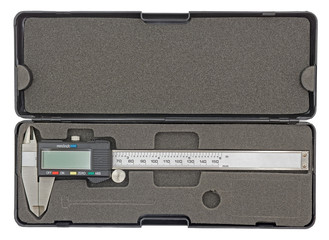 digital caliper in black box isolated on white