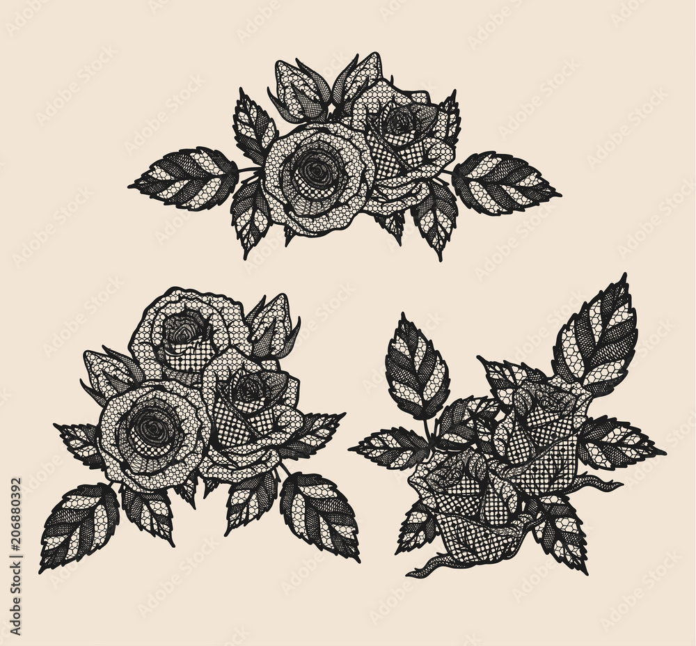 Wall mural Rose vector lace by hand drawing.Beautiful flower on brown background.Rose lace art highly detailed in line art style.Flower tattoo on vintage paper.