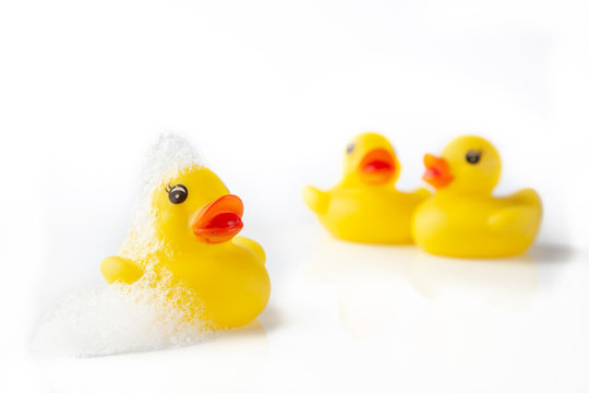 3 Yellow rubber ducks with soap suds on its head on white background