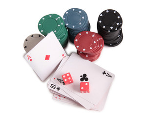 Cards and chips for casino with on white background