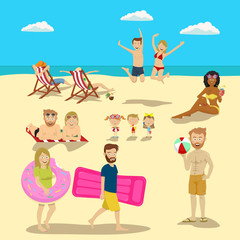Fototapeta premium People and couples on vacation beach big set. Summer travel holidays and beach active sport activities