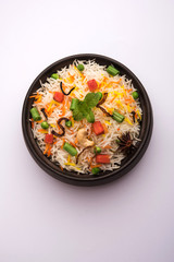 Indian Vegetable Pulav or Biryani made using Basmati Rice, served in a ceramic bowl. selective focus