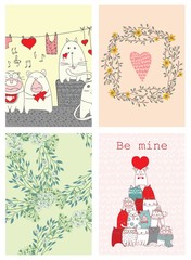 Fototapeta premium Valentine's greeting cards with cute cats, hearts and floral elements