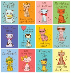 Set of 12 Vector cards with cute cats and hand drawn funny cat texts.