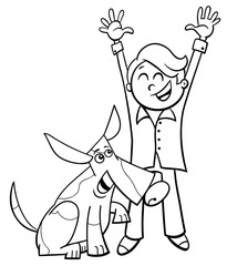 happy boy with dog cartoon coloring book