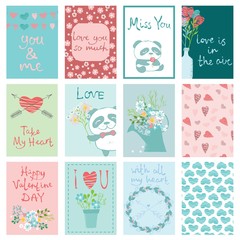 Valentine's greeting cards with cute panda, hearts and floral elements.