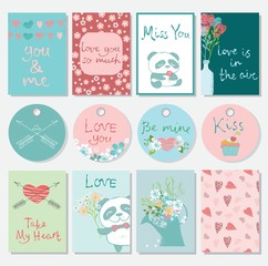 Fototapeta na wymiar Valentine's Day Greeting Card and tags with hand drawn Love lettering. Perfect for valentine's day, stickers, save the date invitation