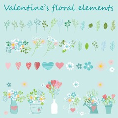 Valentine's Floral hand drawn vector set. Vector illustration of hearts, flowers, leaves and vases