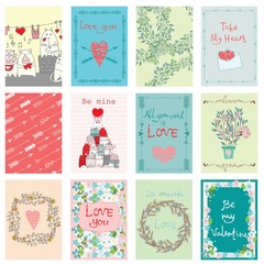 Fototapeta na wymiar Valentine's greeting cards with cute cats, hearts and floral elements