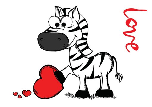 Valentine's Day Greeting Card with cute zebra and hand drawn Love lettering.