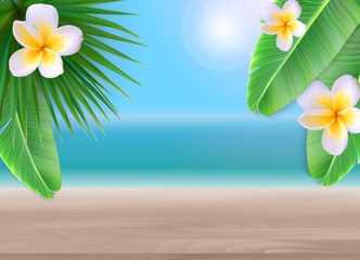 Hello Summer Background with Palm Leaves and Flowers. Vector Illustration © olegganko