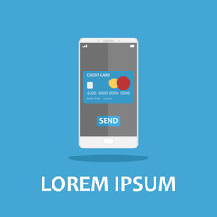 Flat design style vector illustration of modern smartphone with processing of mobile payments from credit card on the screen. Isolated on blue background