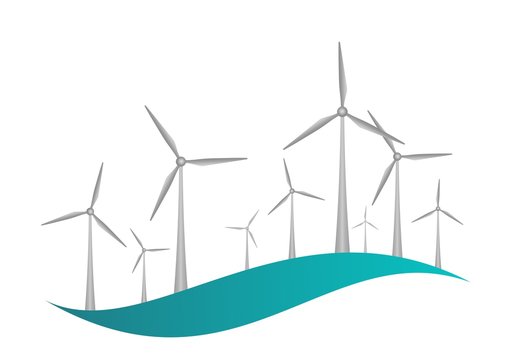 Gray wind turbines with engine and propellers on a blue wave on a white background. Icon for ecological wind energy.