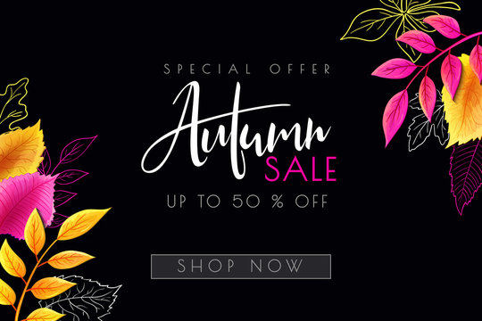 Vector autumn sale banner with hand lettering and leaves