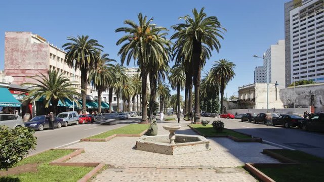 Morocco, Maghreb, Casablanca. The Boulevard de Rachidi is typical of the wide tree lined streets in the smart Lusitania district, T/Lapse