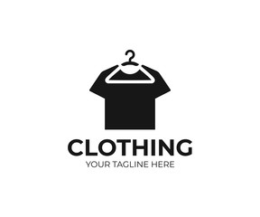 Fototapeta premium Hanging t-shirt logo template. Hanger and black t shirt vector design. Clothing logotype