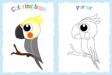 Coloring book page for  children with colorful parrot  and sketc