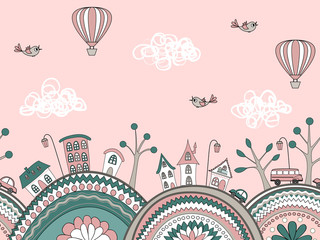 Cute doodle seamless pattern. City hills © Toltemara