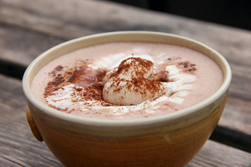 Cup Hot chocolate on an old wood plank