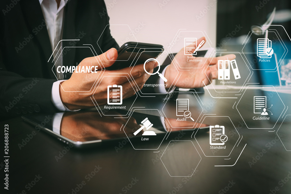 Poster businessman working with smart phone and digital tablet and laptop computer in modern office with gl