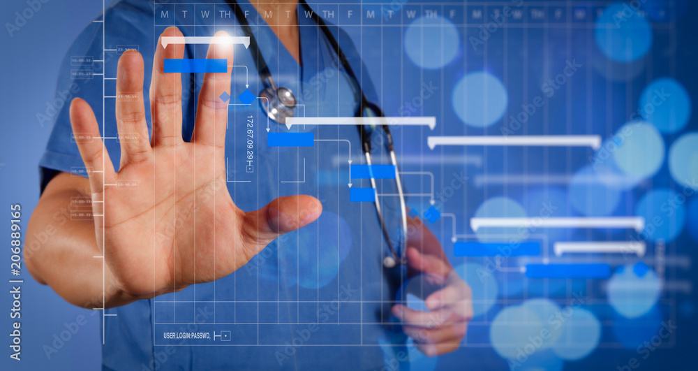 Aufkleber double exposure of success smart medical doctor working with abstract blurry bokeh background as con