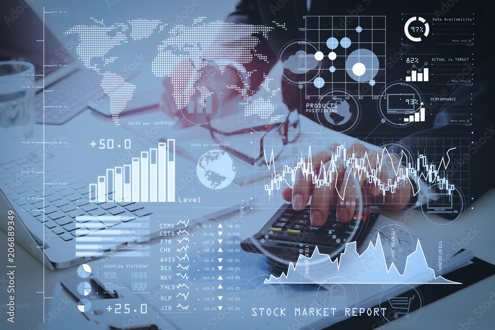 Poster businessman hand working with finances about cost and calculator and latop with mobile phone on with
