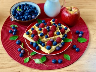 Fresh waffles with garden fruits