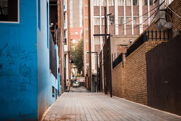 Fototapeta premium Aleja w Johannesburgu z budynkiem pomalowanym na niebiesko na pierwszym planie