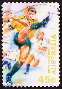 Australian postage stamp celebrating the rugby national team