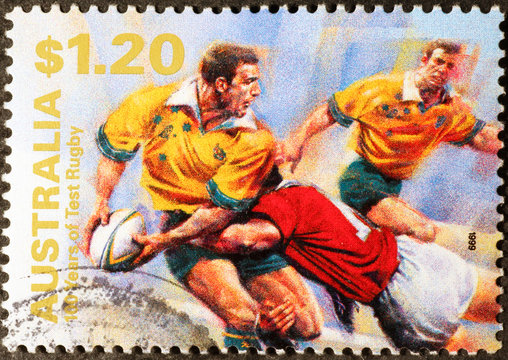 Australian national rugby team on postage stamp