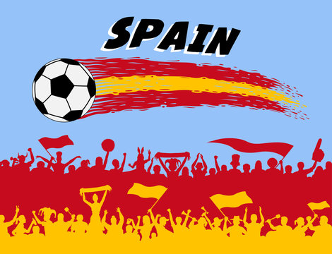 Spain flag colors with soccer ball and Spanish supporters silhouettes