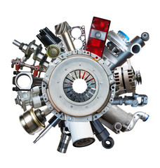 Fototapeta premium New auto spare parts around clutch basket isolated on white background 