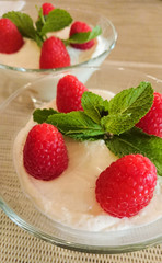 Delicious beautiful tiramisu dessert with fresh raspberries