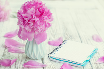 Beautiful pale pink peonies bouquet in vase and empty notebook over white table background.