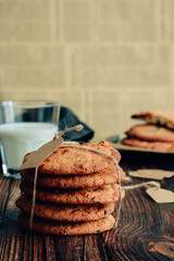 Chocolate cookies on wooden table. Chocolate chip cookies shot.