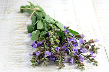 bunch of sage on wooden background