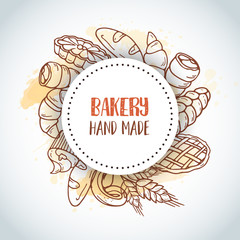 Obraz premium Vintage background with sketch bakery, pastries, sweets, desserts, cake, muffin and bun. Hand drawn design for menu, banner, card, bakery shop Vector
