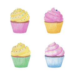 Watercolor cupcakes , yellow and pink