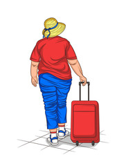 Vector colorful illustration of plump european woman walking with luggage. Back view of traveller woman in summer clothes with suitcase