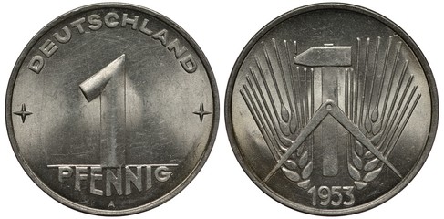 East Germany 1 one pfennig 1953, large digit flanked by stars, compass and hammer in front of ears...